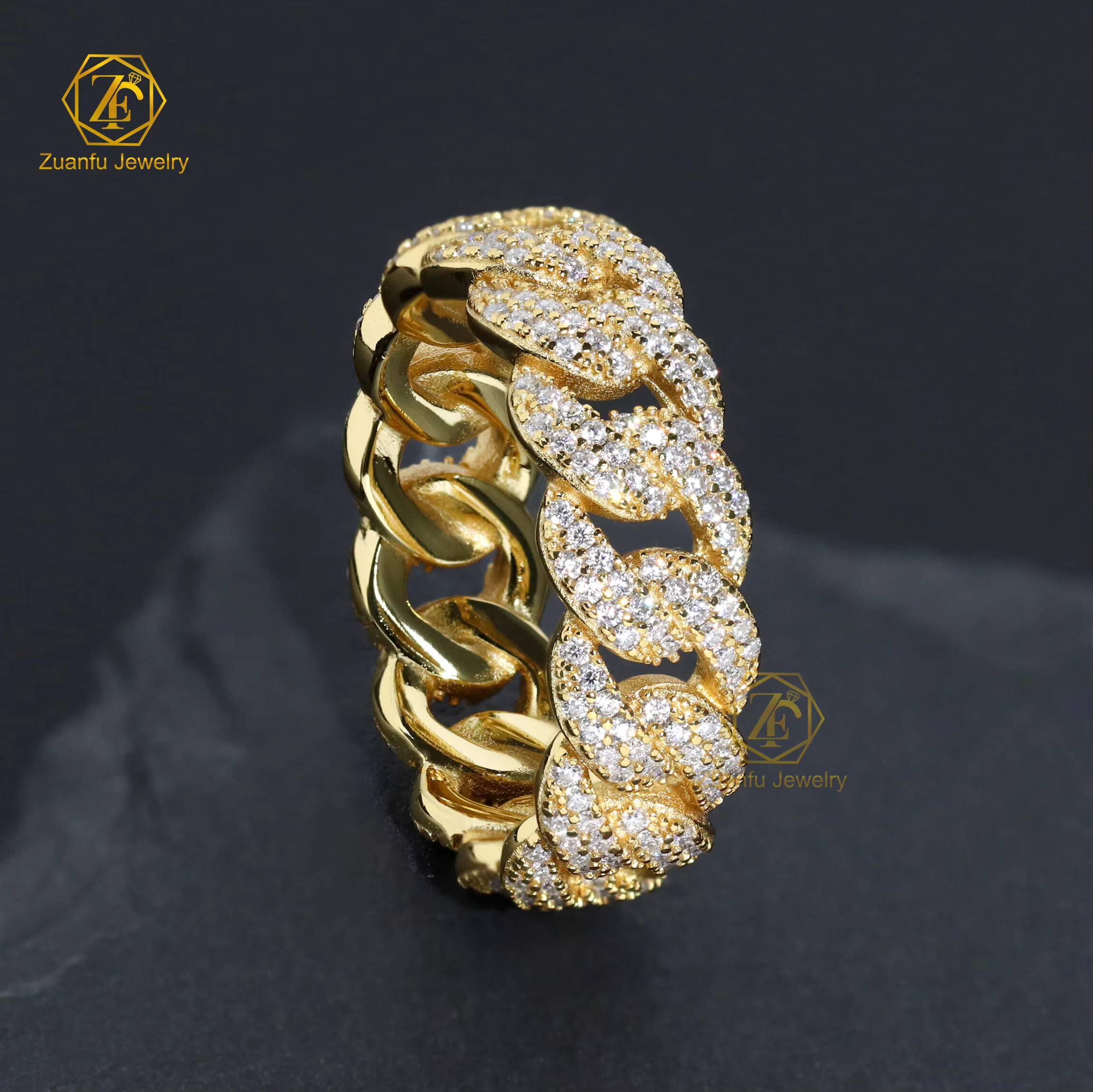 RTS Fashionable Wholesale Hip Hop Rhinestone Chain Ring Jewelry Moissanite Diamond 7mm Cuban Link Chain Band Ring for Men