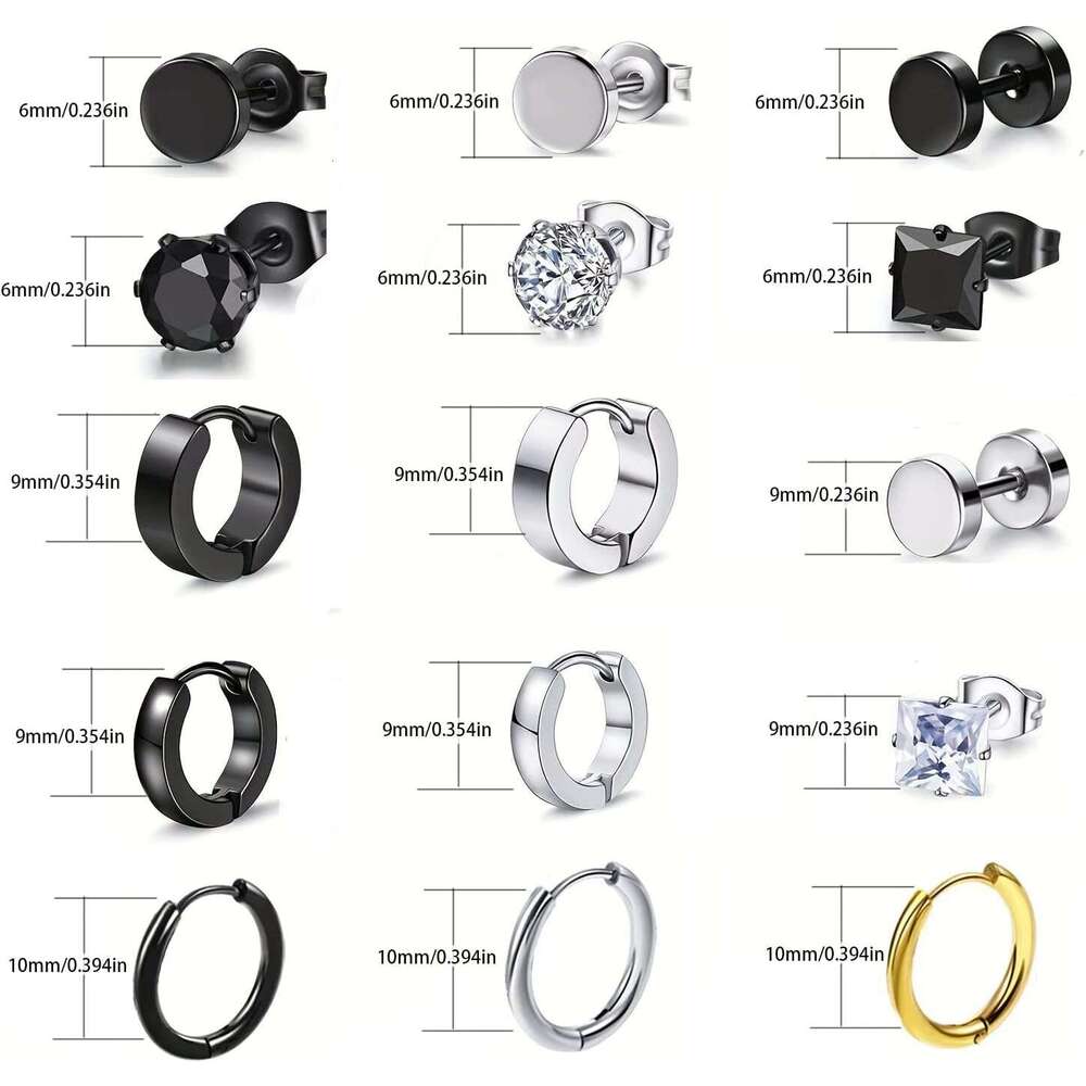 15 Pairs Black Men,Stainless de Mens Stud Set Aretes Para Hombre Male hoop Surgical Steel Ear Rings for Men Earrings Hypoallergenic