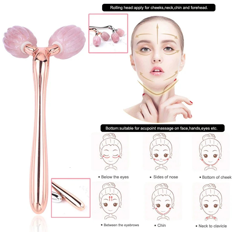 r 3D Face Lift Roller Massager Facial Massage 360 Rotate Natural Stone Rose Quartz Jade Roller for Face Slimming 251030