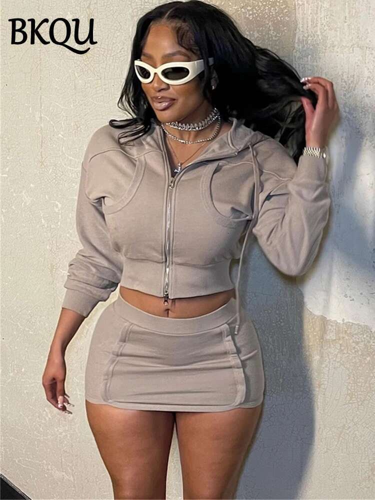 Casual Hoodie 2 Piece Women Sets Autumn Fashion Crop Zipper Jacket And Hip Wrap Mini Skirt Matching Tracksuit Outfits