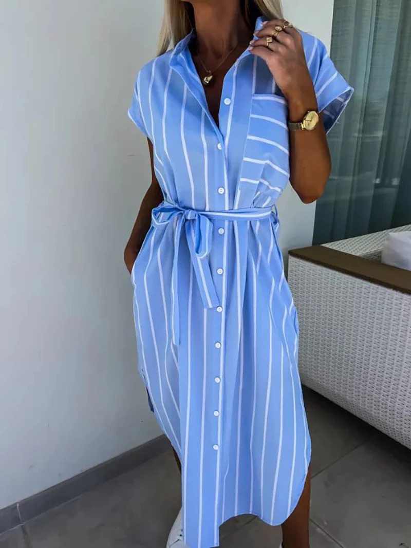 Striped blue shirt dress with belt suitable for casual outdoor style 250402m