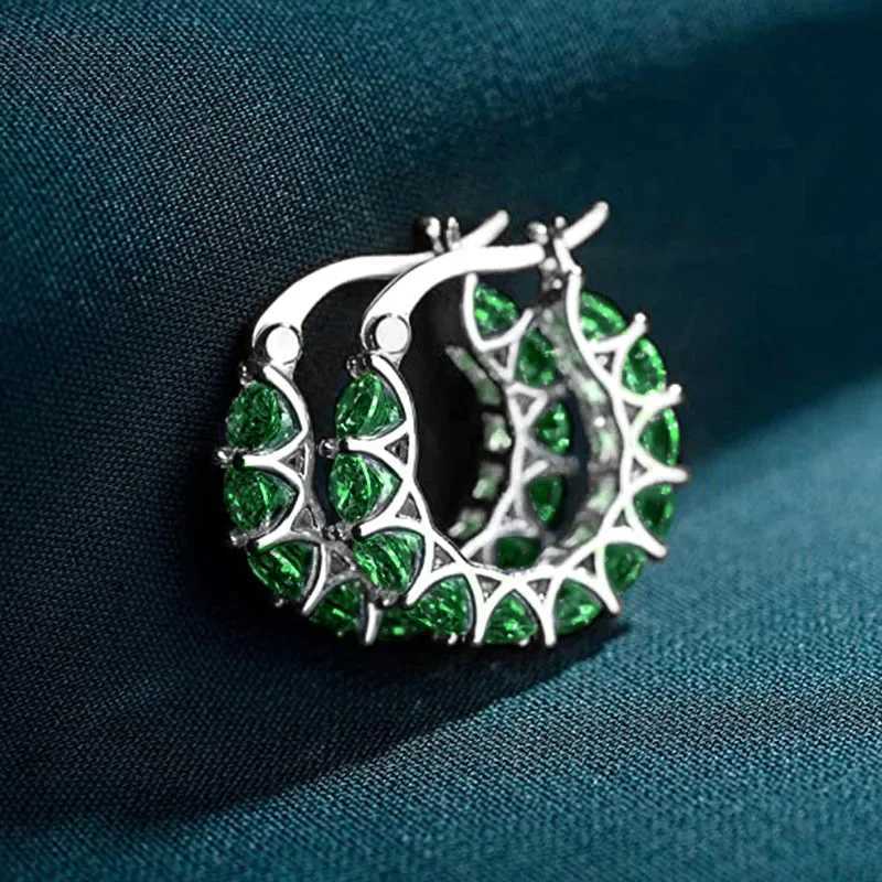 Luxurious and fashionable all zircon shiny gold stainless steel ring earrings suitable for womens Exquisite green crystal Korean jewelry gifts Y250401