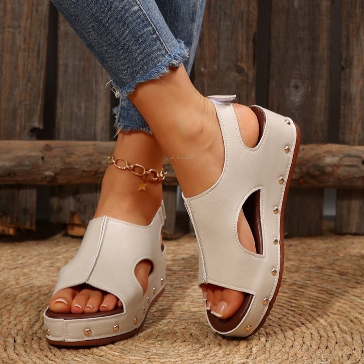 New designer sandals with free shipping Summer New Sponge Cake Thick Slope Heel Women's Velcro Large Rivet Flat Bottom Fish Mouth Sandals