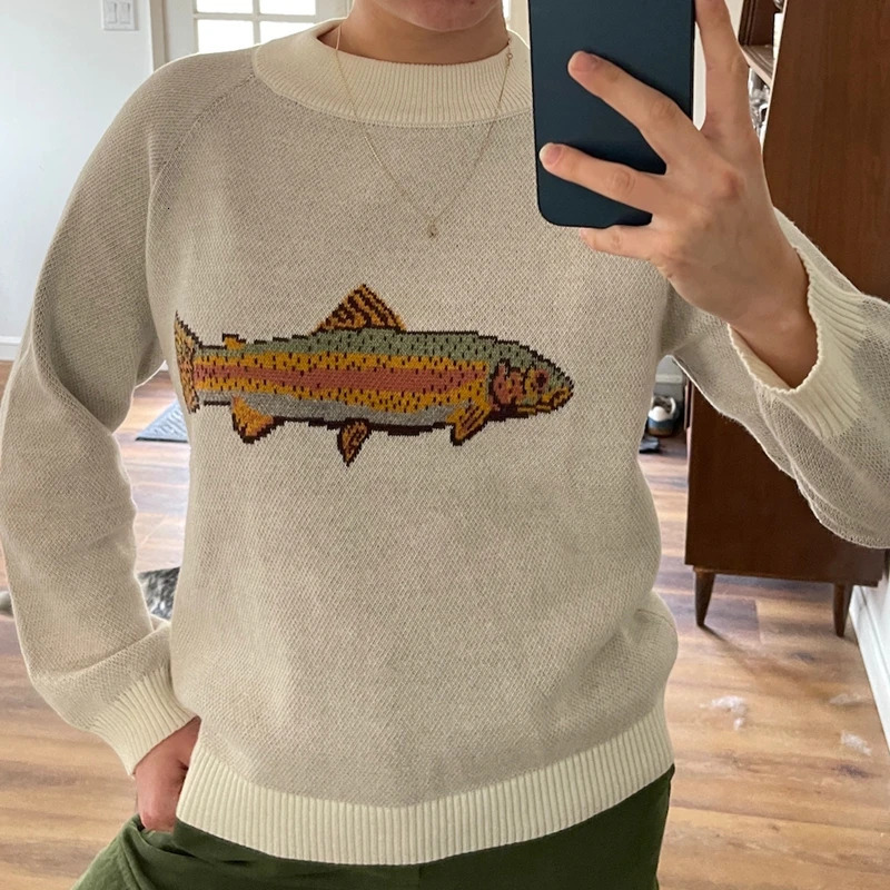 Women Autumn Winter Y2K Loose Fit Sweater Round Neck Aesthetic Fish Print Contrast Color Knitwear Pullover Top Streetwear 251028