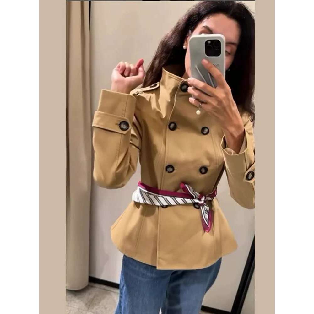 Women's Wear Fashion Printed Scarf Windbreaker Stand Collar Long Sleeve Double-Breasted Short Jackets 2025 Spring New Casual Chic Trench Coat