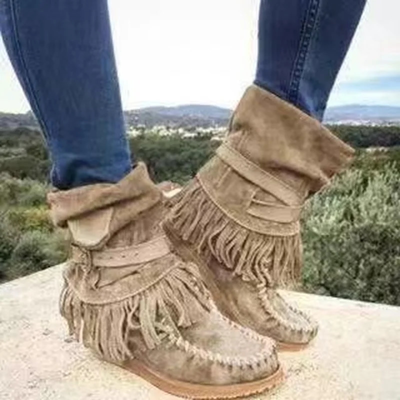 Women Ankle Boots Ladies Suede Shoes Tassel Single Boots Pop Silpon Boho Boots Women Flat Shoes Cowboy Shoes Short Boots 251030