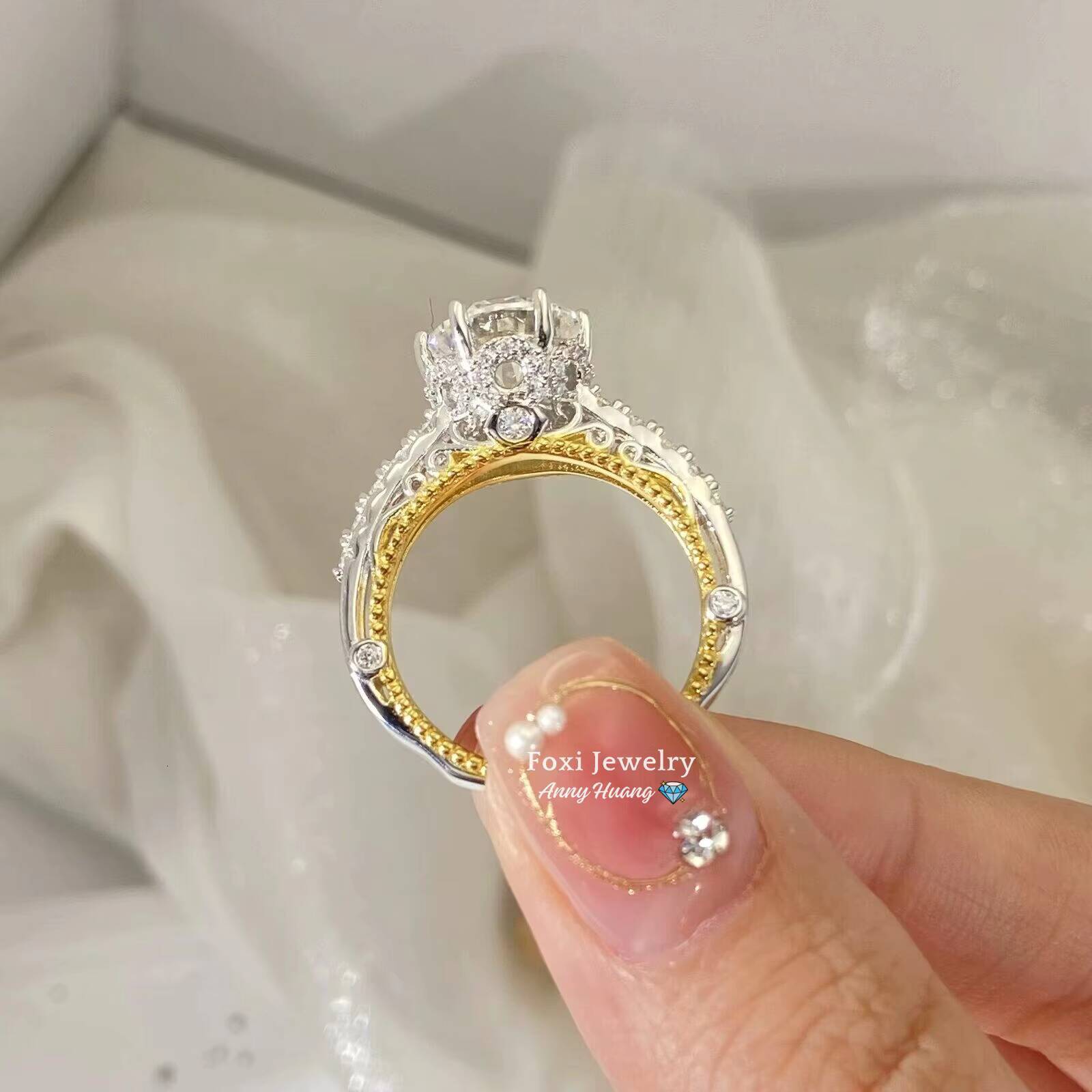 Fine Bridal Jewelry 6 Prong 14K Two Tone VVS Moissanite Diamond Engagement Ring 925 Silver 36CT Classic Wedding Band Ring Gift
