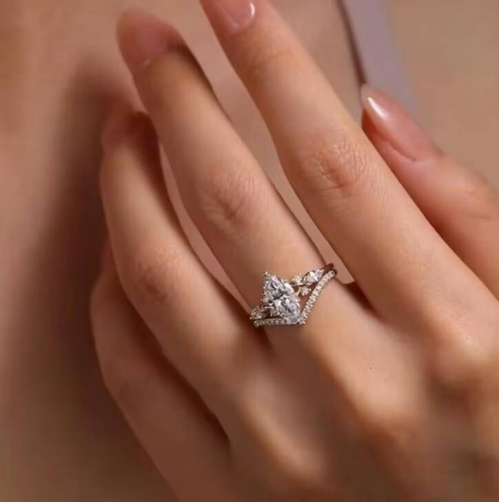 S925 Silver 15 CT Marquise Moissanite Diamond Engagement Ring Set Unique Rose Gold Diamond Leaf Band Bridal Set Promise Ring