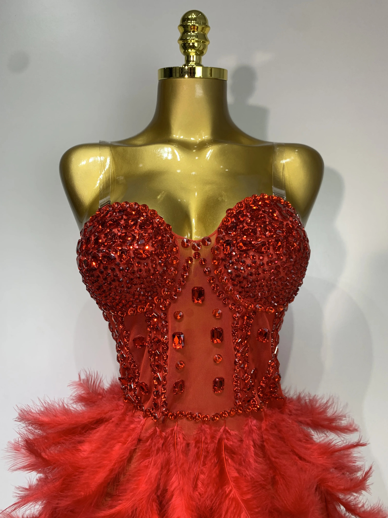Sparkly Rhinestone Feather Mesh Long Dress Women Sexy Elegant Evening Party Birthday Po Shoot Performance Costume 251028