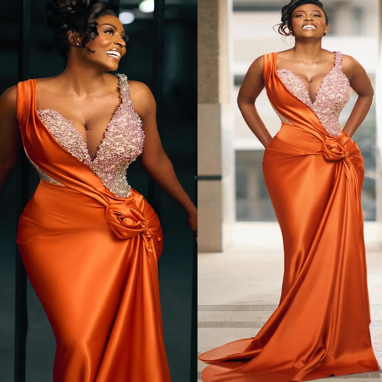 Orange Mermaid Prom Dresses For Special Occasions Floral Pearls Rhinestones Satin Evening Formal Party Second Reception Birthday Engagement Gowns Dres