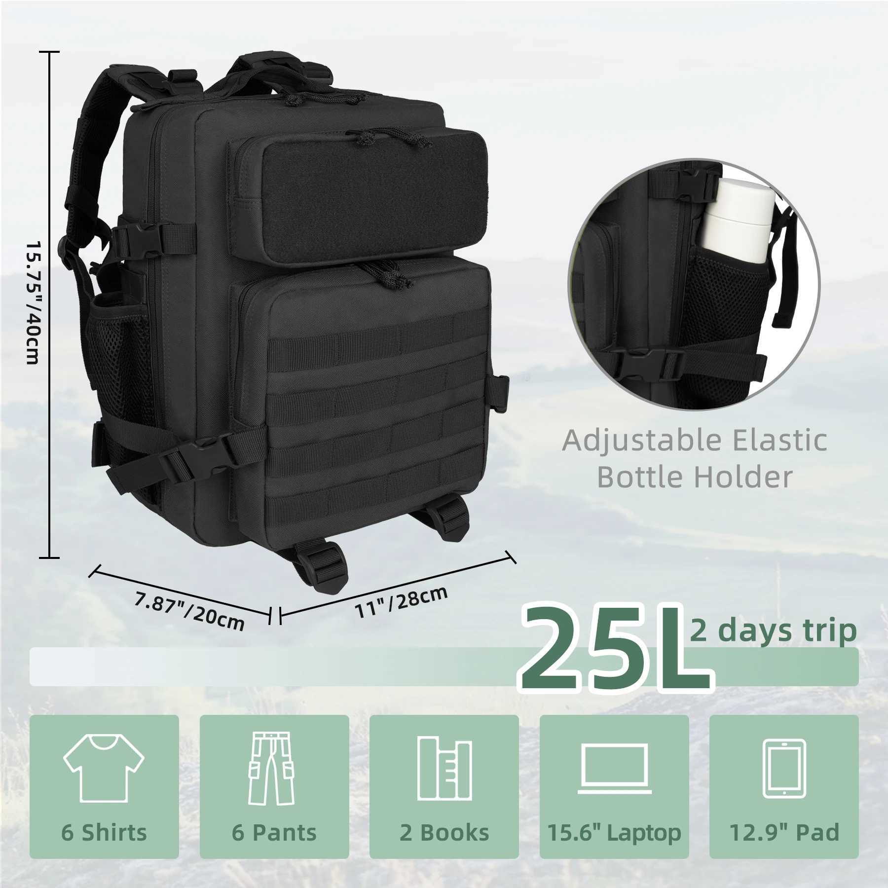 25L Tactical Backpack 3P Combat Army Rucksack for Outdoor Sports Camping Hiking Climbing - Unisex Molle SystemC250401