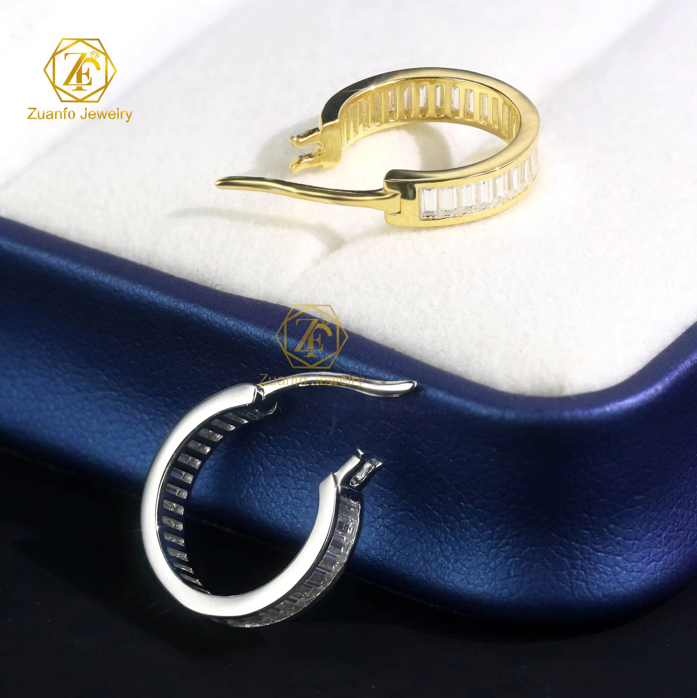 925 Silver Hoop Earring Iced Out D VVS Baguette Cut Shape Bezel Setting Men Moissanite Earrings