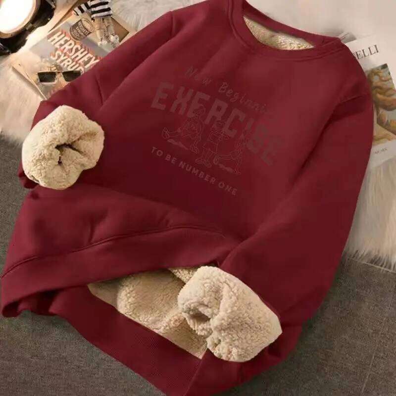 Women's Winter Loose Letter Print Plush Thick Hooded Sweatshirt Warmth Padded Warm Fleece Lined Pullover Sweater Top
