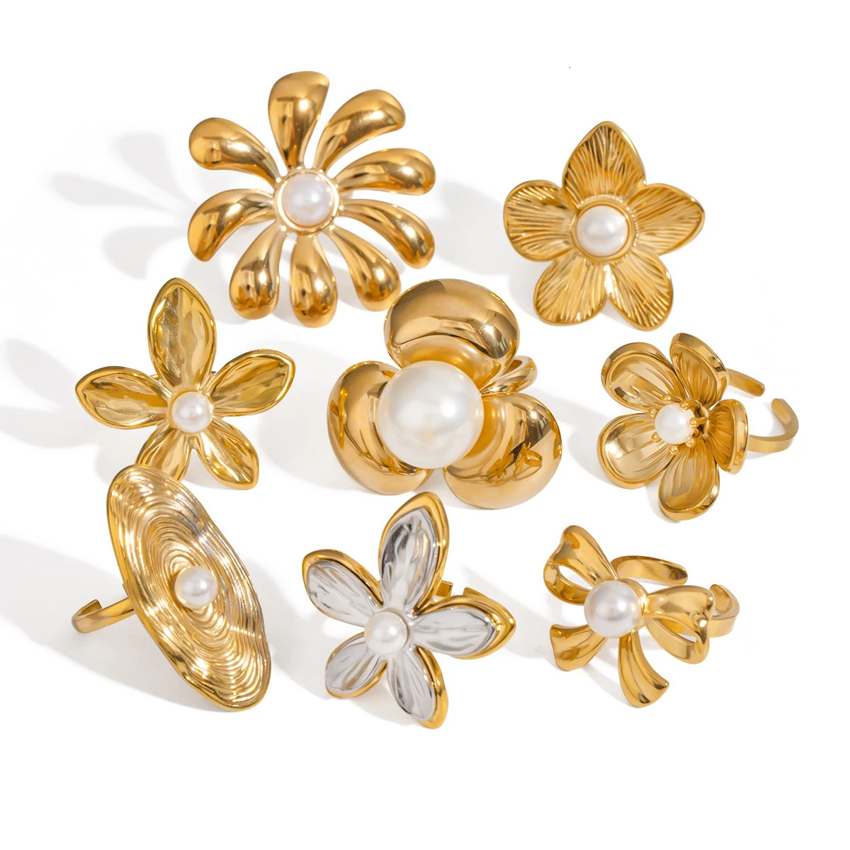 Vintage 18K Gold Plated Stainless Steel Pearl Geometric Flower Shaped Open End Ring Women Anti Allergic Charm Daily Jewelry 251031