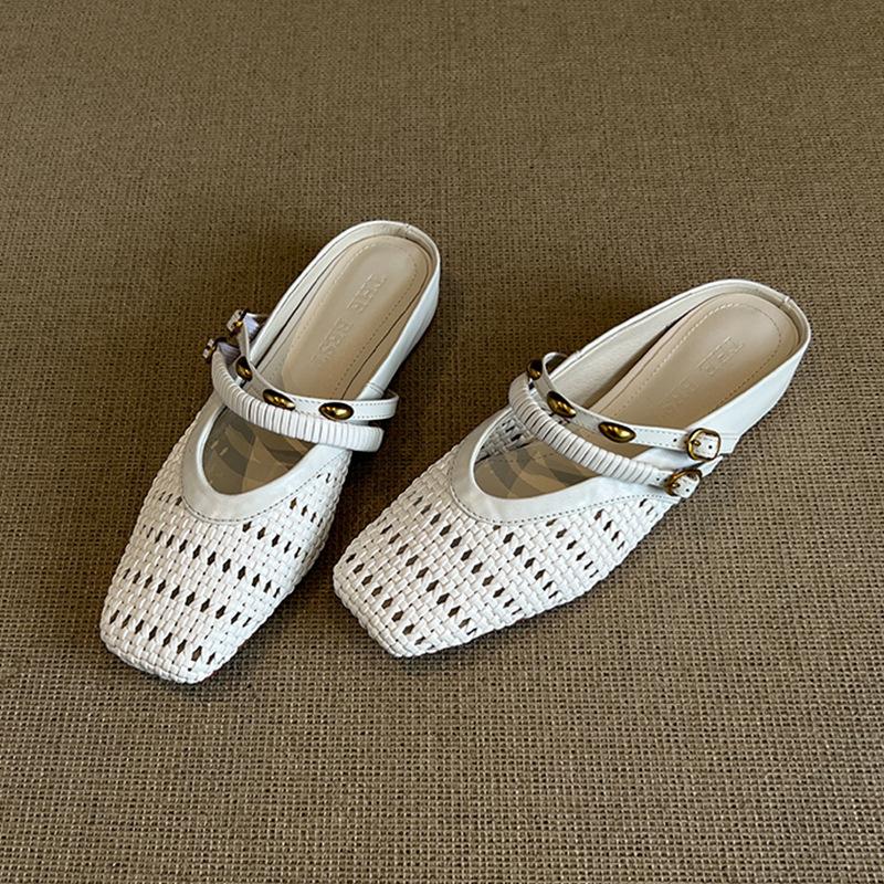 Sheepskin version ~ French hollow woven sandals women's outer penetration breathable toe half slippers small heightened sandals