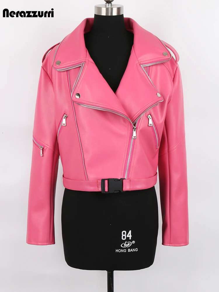 Nerazzurri Spring Autumn Colored Green Black Short Leather Biker Jacket Women Zipper Cool Designer Clothes Fashion 2022