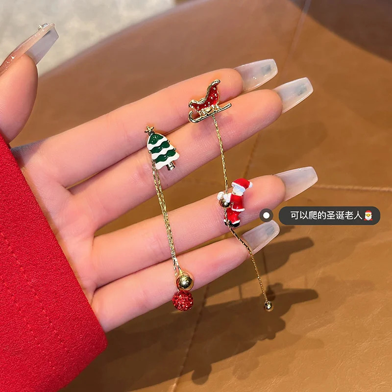 Moving Santa Claus Tassel Dangle Earrings For Women Christmas Tree Snowflake Asymmetric Long Chain Earring Year Jewelry Gift 251031