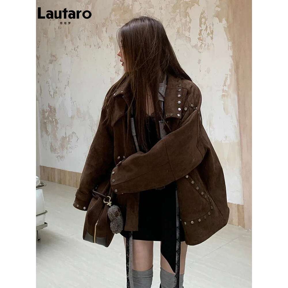 hoodie Baseball Jacket Lautaro Spring Autumn Cool Brown Oversized Soft Faux Suede Leather Jacket Women Rivet Long Sleeve Maillard Style Retro Clothing