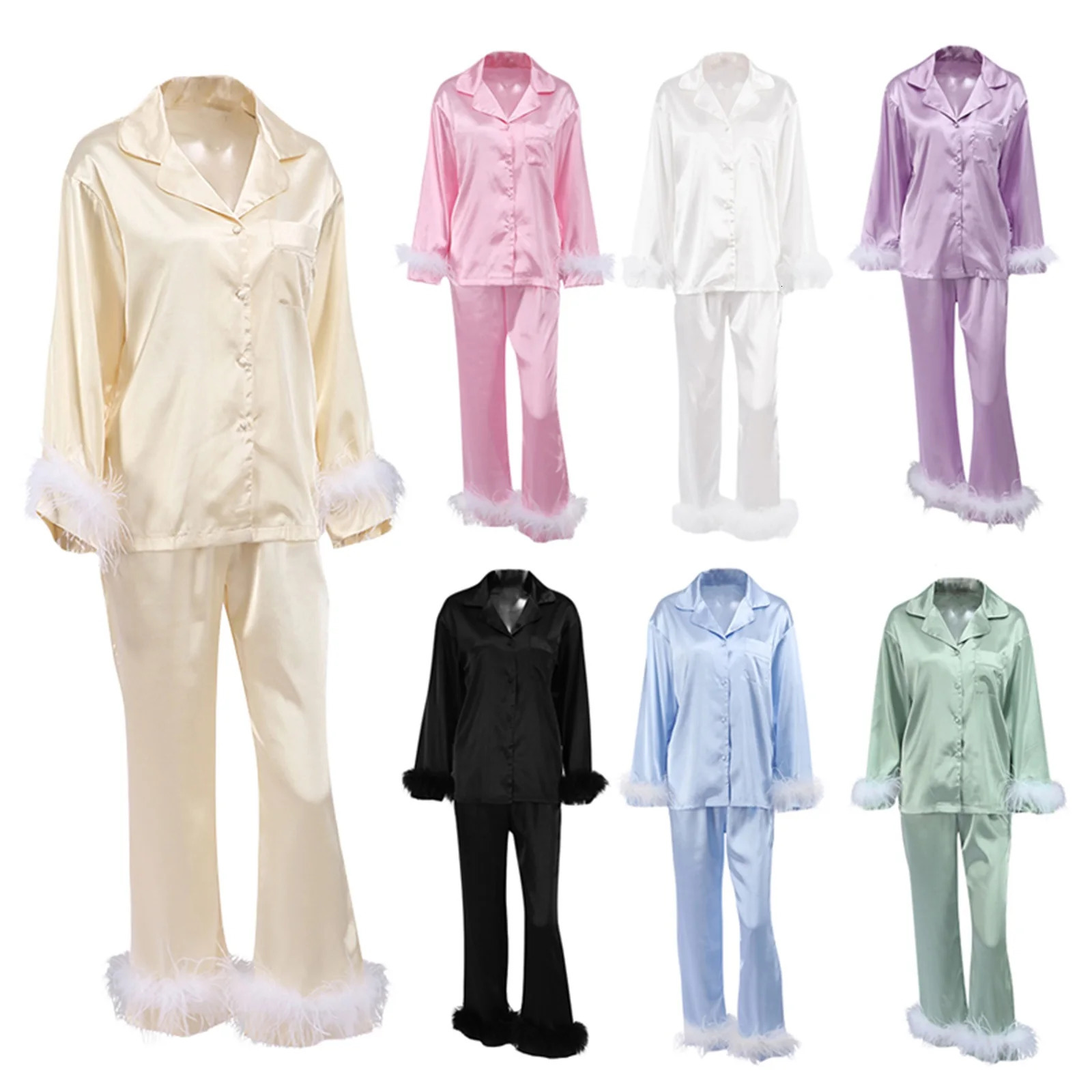 Women Spring Fall Soft Pajamas Sets Fur Feather Trim Long Sleeve Button Satin Silk Shirts Pants Loungewear Sleepwear Homewear 251028
