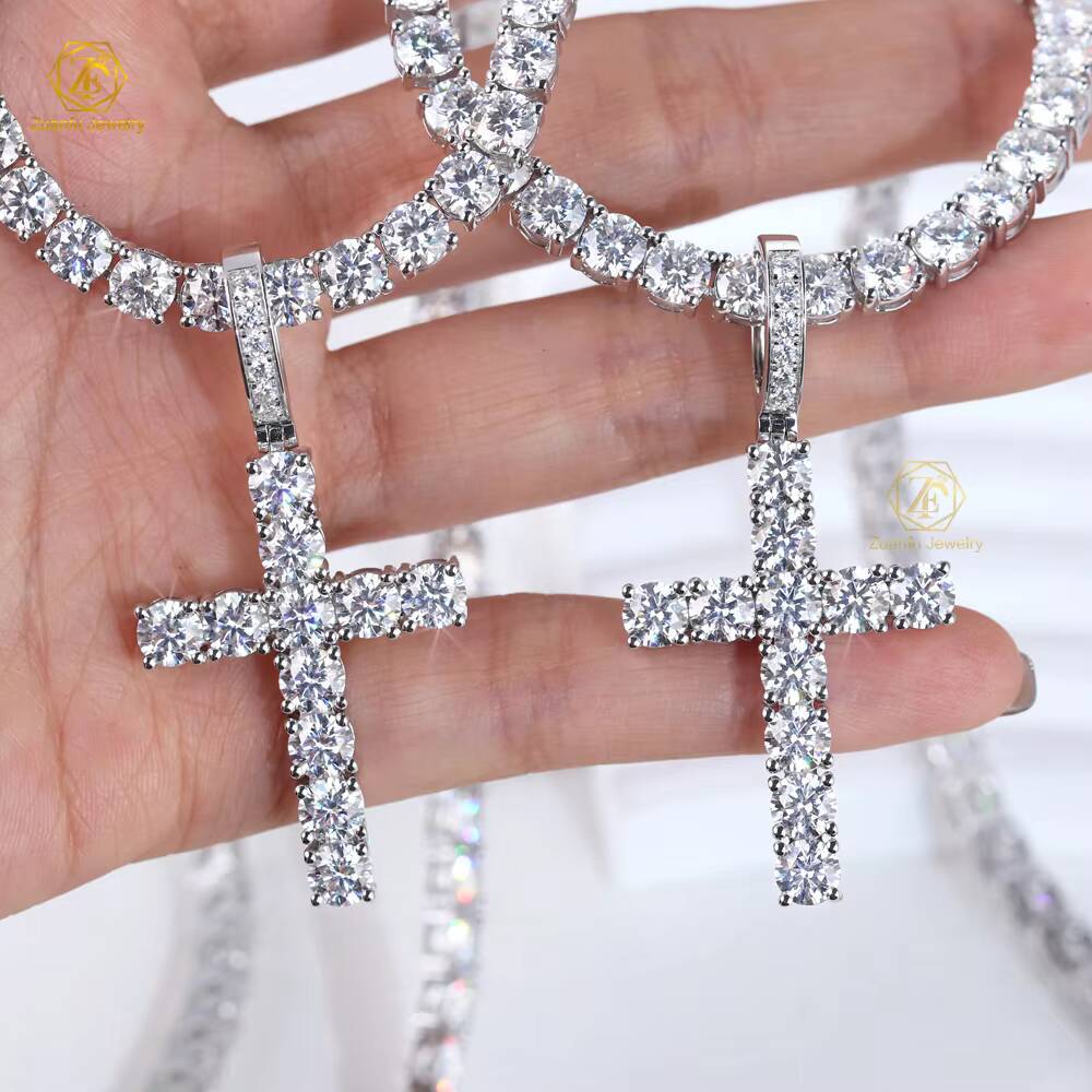 In Stock Moissanite Cross Pendant Plated White Gold Yellow Gold 925S 5mm Diamond Hip Hop Cross Pendant for Chain