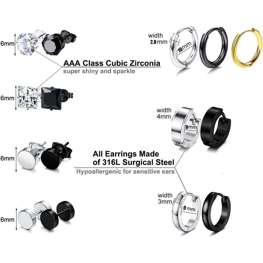 15 Pairs Black Men,Stainless de Mens Stud Set Aretes Para Hombre Male hoop Surgical Steel Ear Rings for Men Earrings Hypoallergenic
