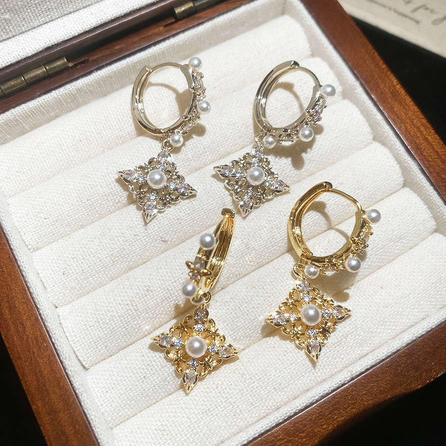 18K Real Gold Plated Zircon Rhombus Pearl Vintage Luxury High-end Niche Earrings for Women - view 9