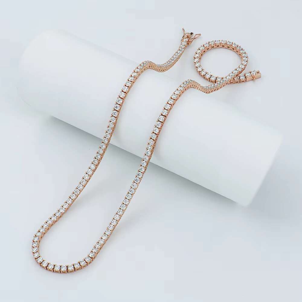 Hot Selling Fashion Jewelry 3mm 925 Silver Rose Gold Plated Hiphop Tennis Link Chain Round Brilliant Cut Moissanite Necklace