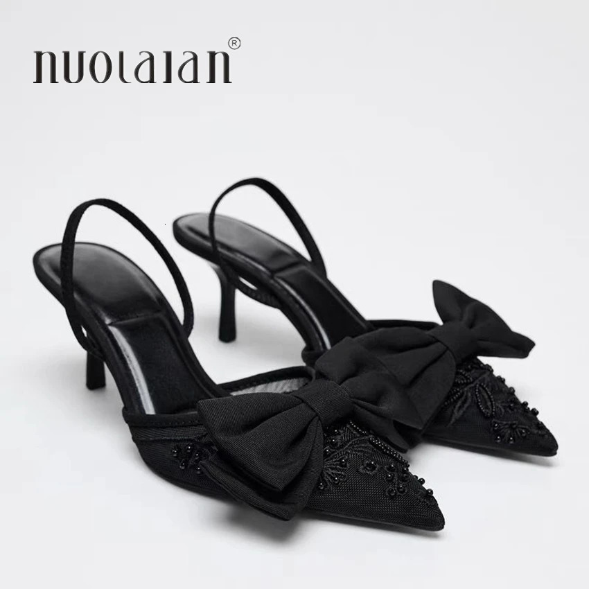 Black bow highheeled sandals for women in the summer of featuring a bounce back pump and retro satin angular heels elegant party shoes 250402BJ