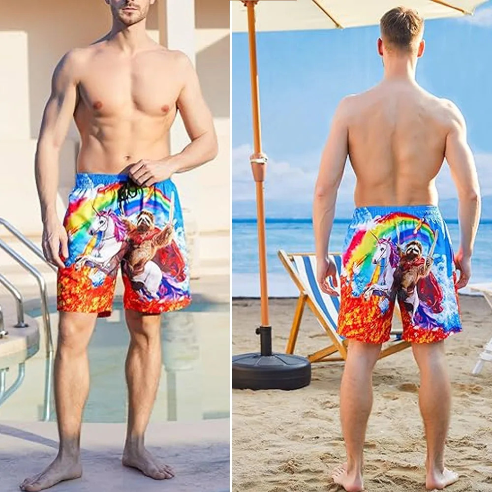 Mens long swim trunks quick drying mens sports shorts short styles colorful animal bear unicorn graphic beach swimsuit 250402m