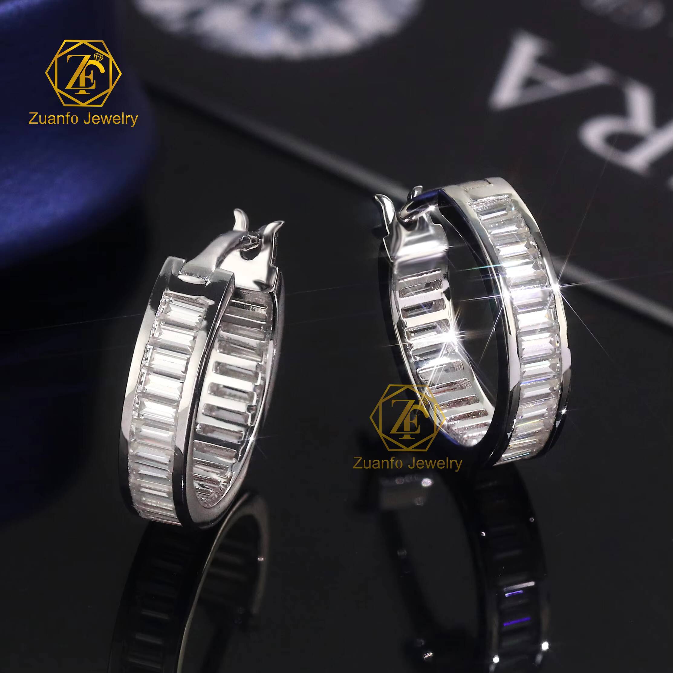 925 Silver Hoop Earring Iced Out D VVS Baguette Cut Shape Bezel Setting Men Moissanite Earrings