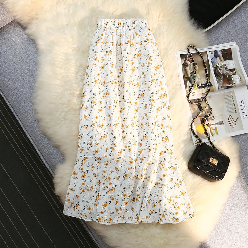 Seoulish Women Spring Summer Irregular Skirt Elastic High Waist Elegant Chiffon Floral Printed Pencil Midi Skirt Female 2024 251027