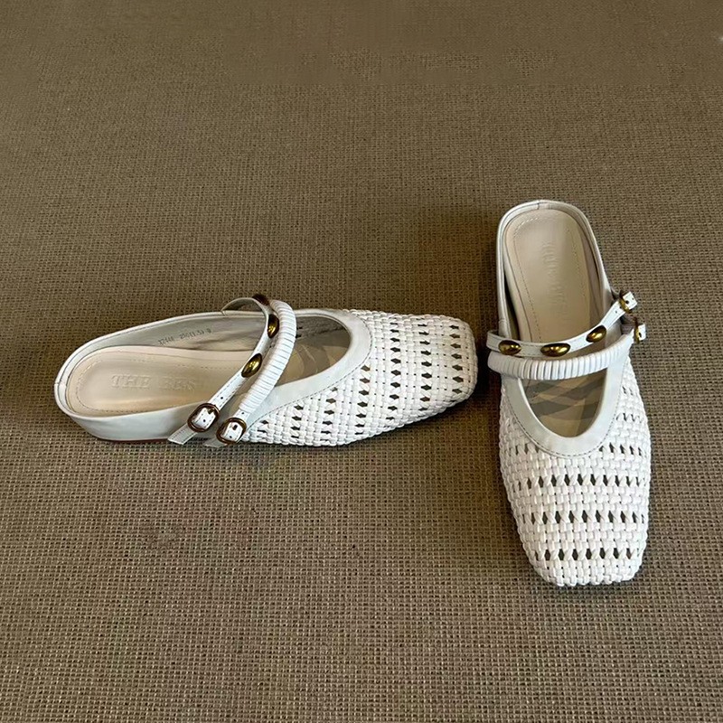 Sheepskin version ~ French hollow woven sandals women's outer penetration breathable toe half slippers small heightened sandals