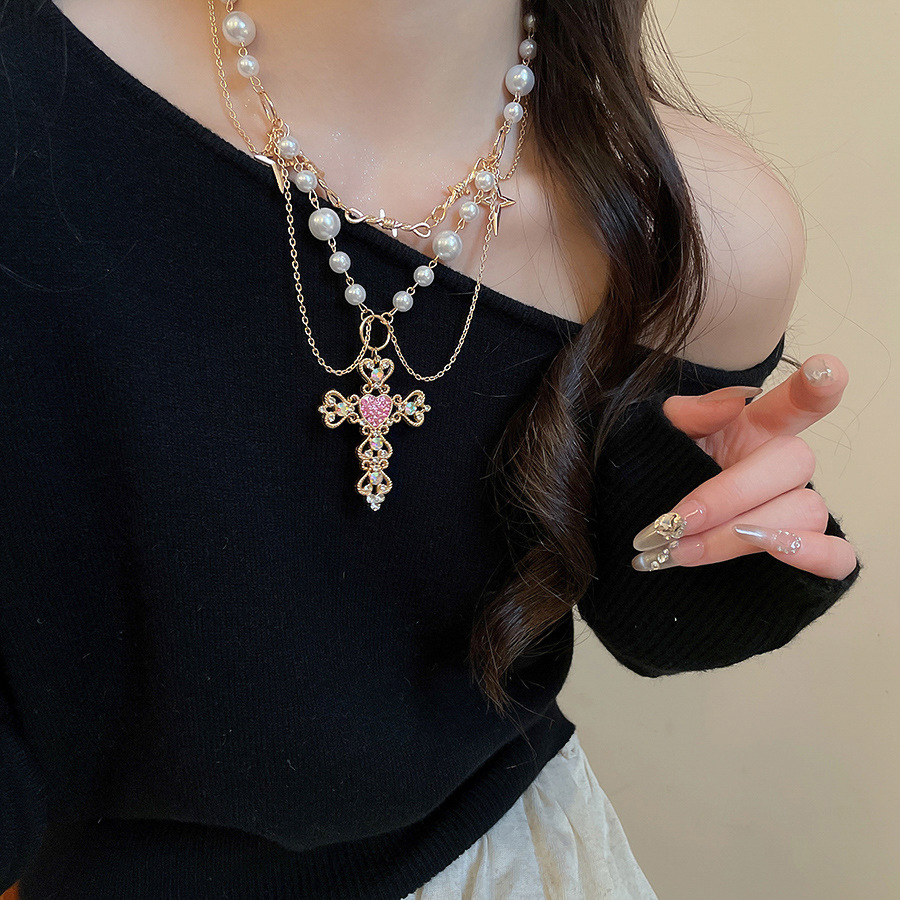 European and American Cross-Border Inlaid Diamond Cross Pearl Necklace Vintage Niche Sweet Cool Style Collarbone Light Luxury High-End Neck Chain - view 8