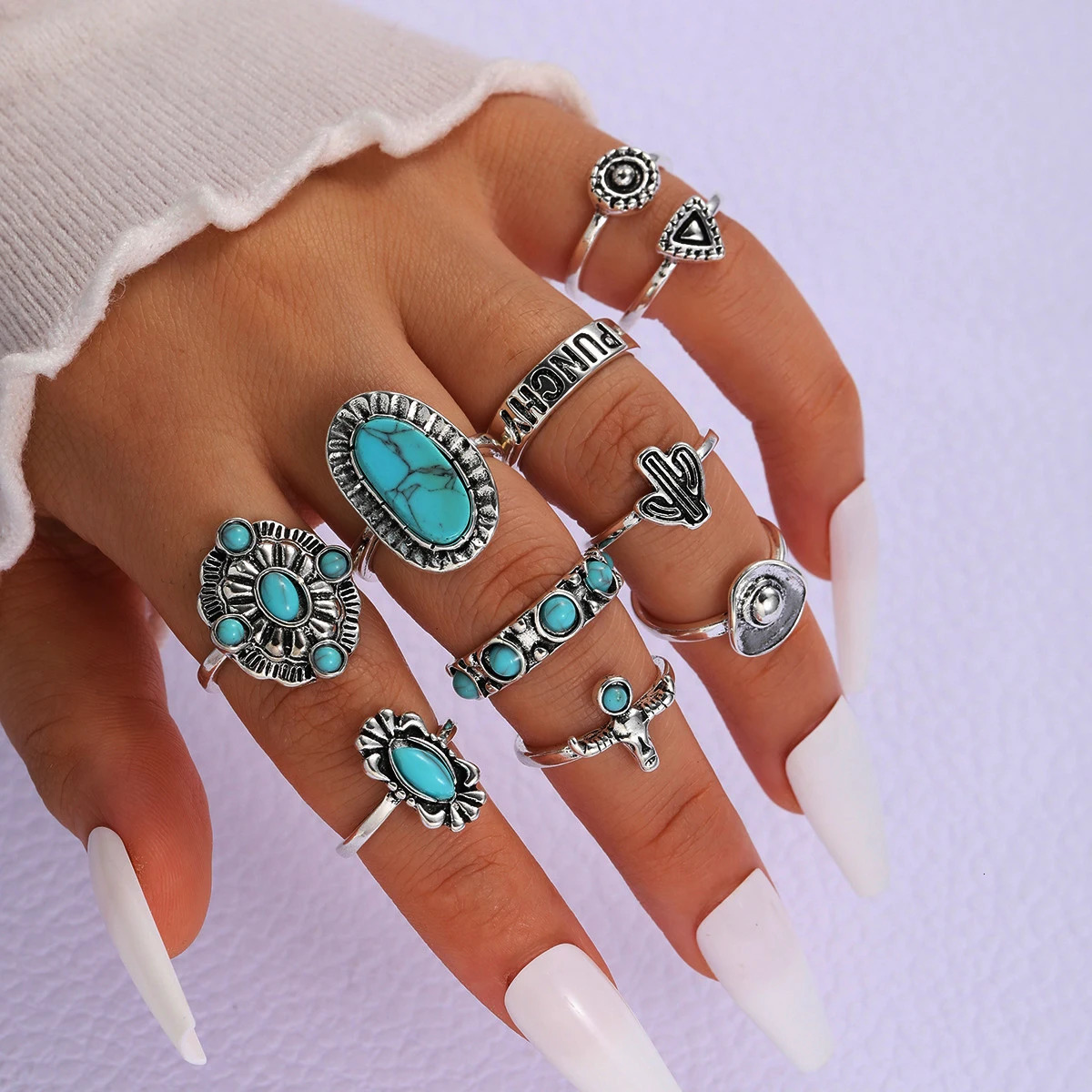 10 Pcs Exquisite Bohemian Turquoise Ring Set Fashion Vintage ns Floral Heart Geometric Rings Daily Wear Jewelry Gift 251031