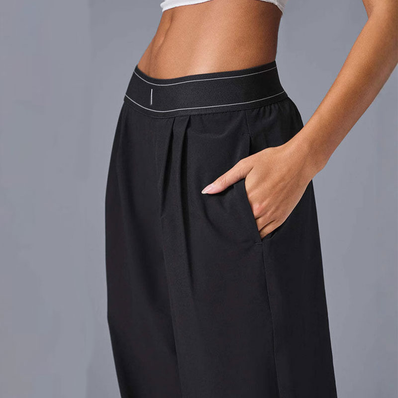 Women's Black Yoga Straight Leg Pants Fashion Elastic Waist Low-Rise Wide Leg Extra Long Trousers Trendy Streetwear Luxury Designer High-Quality 