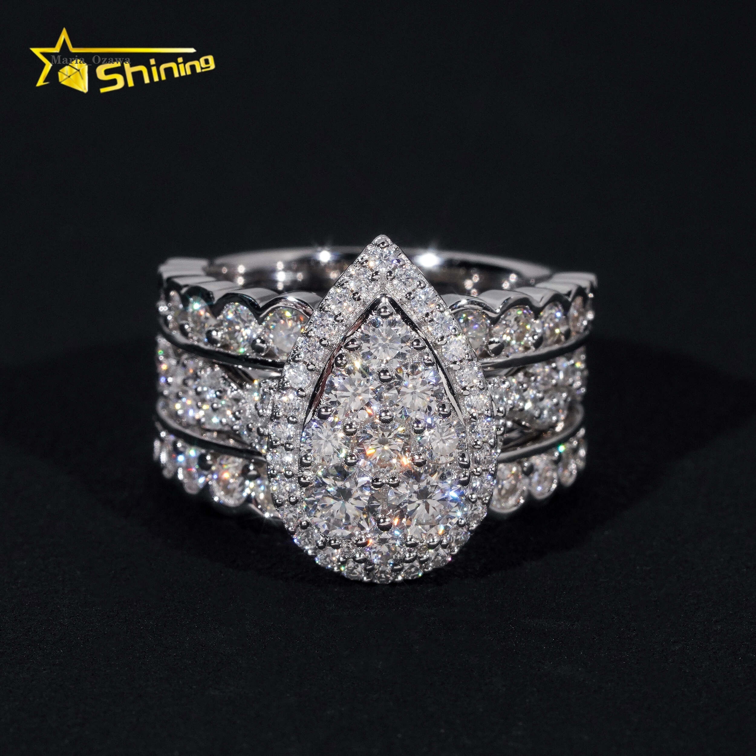 Trendy 925 Silver Rhodium Plated Custom Full VVS Moissanite Diamond Wedding Engagement Rings Set for Women
