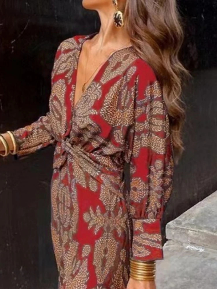 Elegant Streetwear Dres Spring Womens Retro Printed V Neck Long Sleeved Casual Comfortable Medium Length Dress 251030