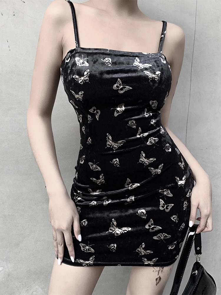 Harajuku black dress Gothic spaghetti strap strapless fashionable casual printed sexy 250402m