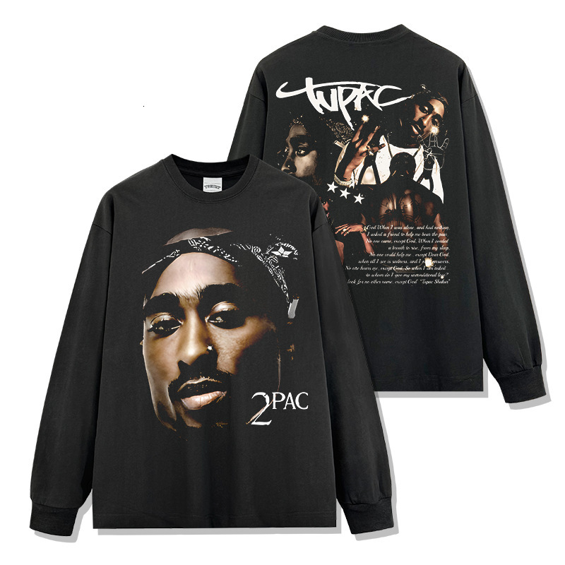 American tupac printed short sleeved t-shirt Vintage loose round neck hooded sweatshirt for men and women