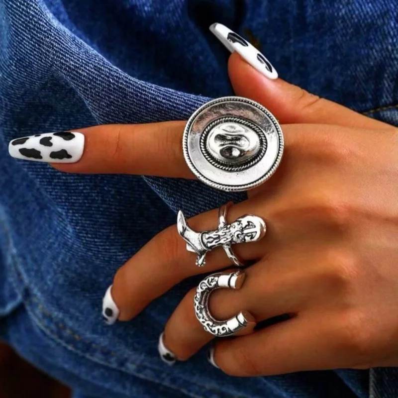 3piece retro ethnic style multi piece stacked denim hat Martin boots horse hooves exaggerated personality alloy ring set 251031