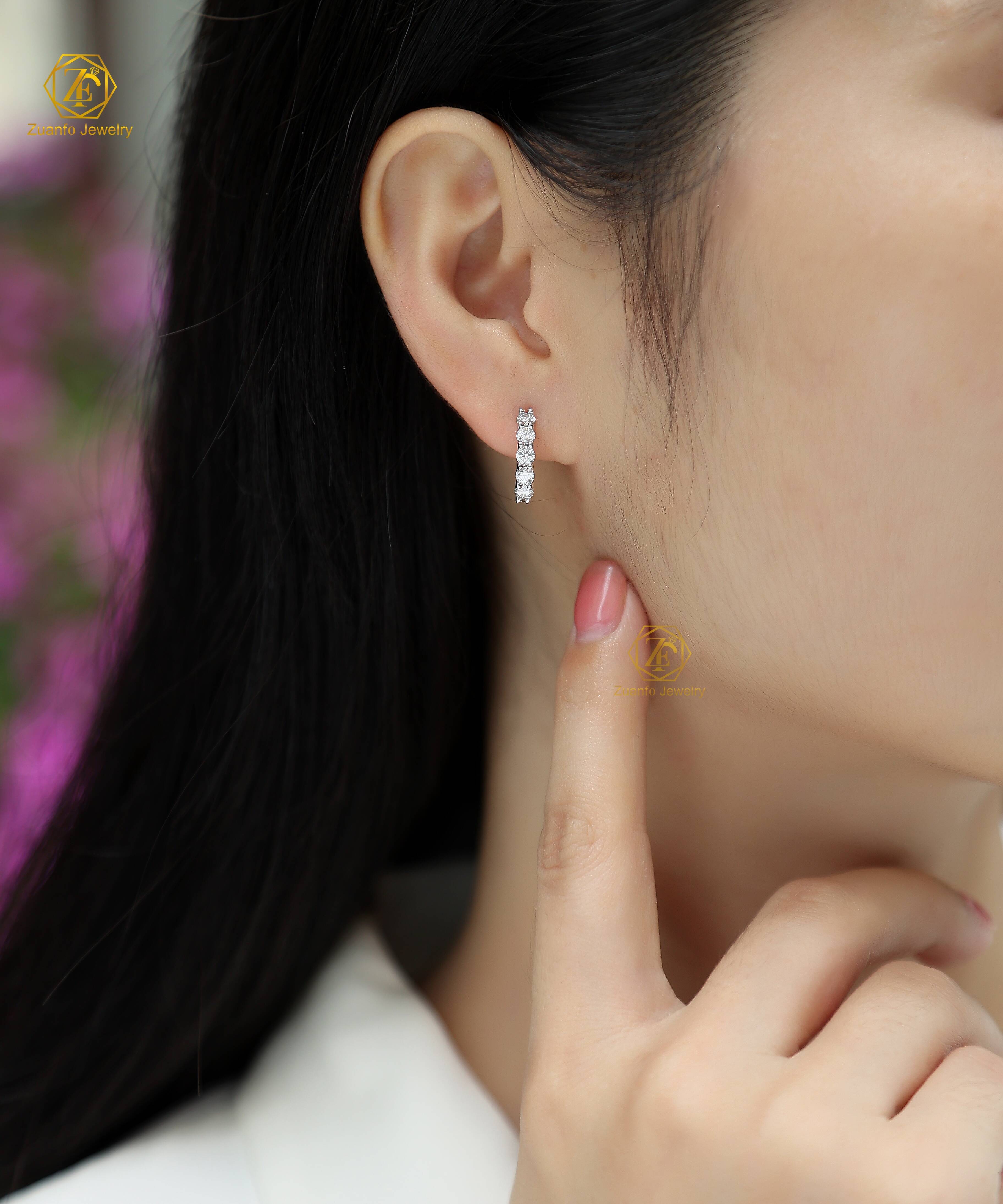 Pass Diamond Tester 18K White Gold Plated 925 Sterling Silver VVS 3mm Moissanite Cuff Ear Rings Hoop Stud Earrings for Men Women