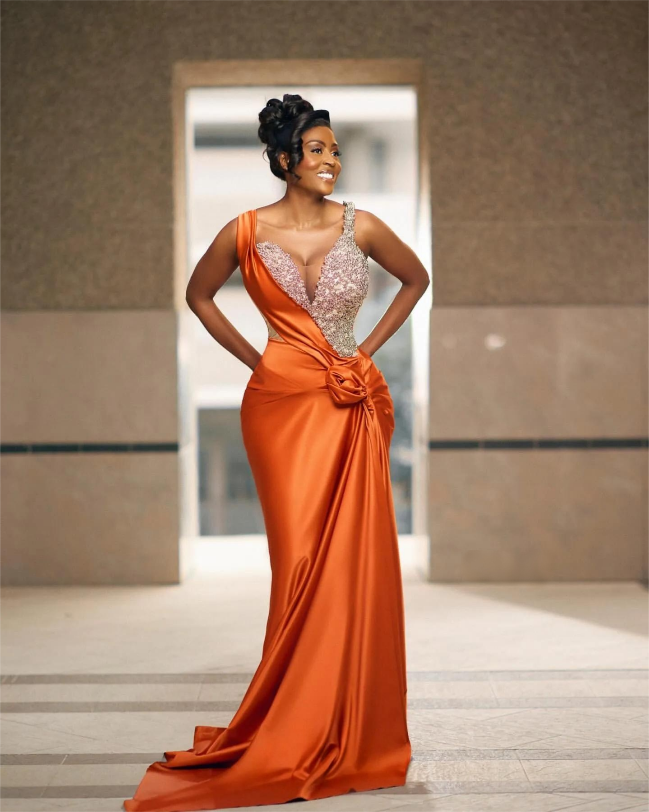 Orange Mermaid Prom Dresses For Special Occasions Floral Pearls Rhinestones Satin Evening Formal Party Second Reception Birthday Engagement Gowns Dres