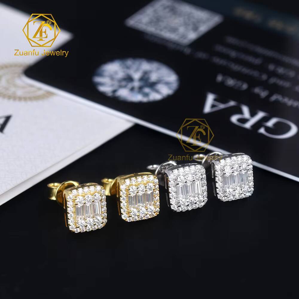 Hot Sale Luxury Moissanite Stud Earrings Men Women 925 Silver Hiphop Jewelry D VVS Baguette Moissanite Cluster Diamond Earrings