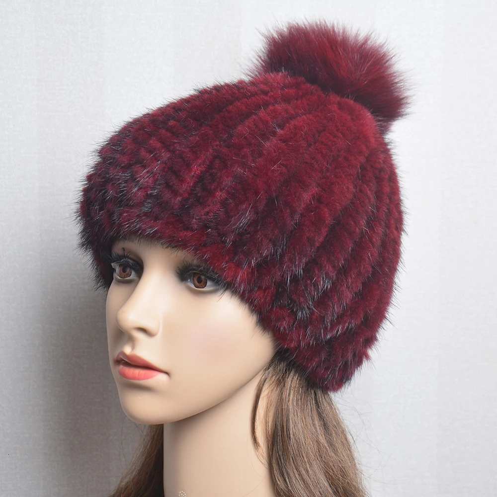 Winter Women Natural Mink Fur Hat Hand Knitted Warm 100 Genuine Mink Fur Cap Russia Lady Real Mink Fur And Fox Fur Pompoms Hats 251028ww