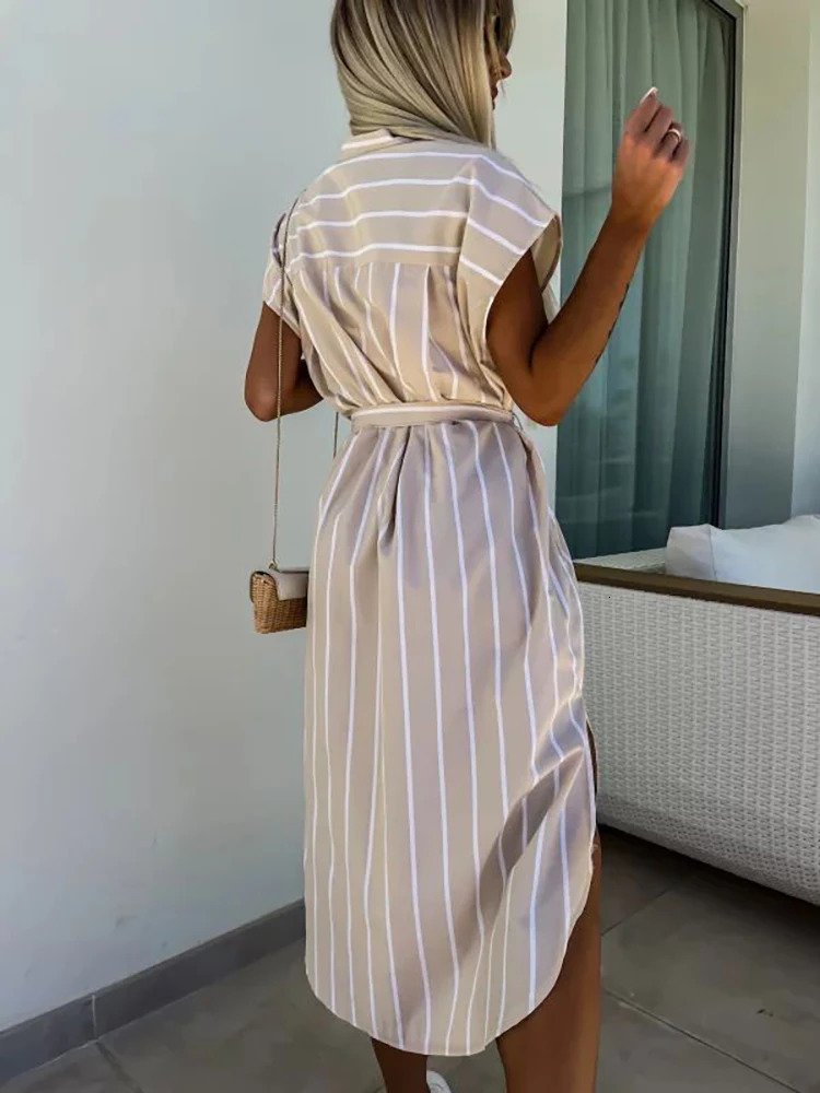 Striped blue shirt dress with belt suitable for casual outdoor style 250402m