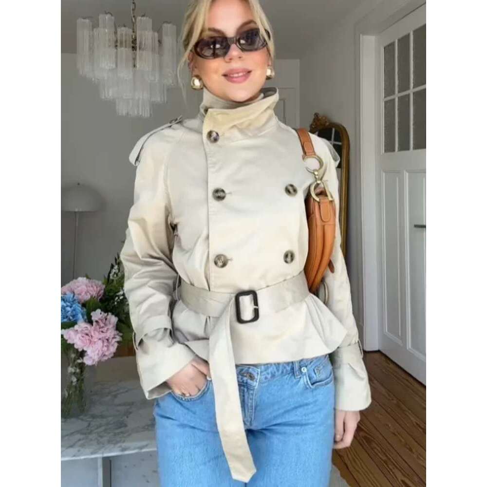 Women's Wear Fashion Printed Scarf Windbreaker Stand Collar Long Sleeve Double-Breasted Short Jackets 2025 Spring New Casual Chic Trench Coat