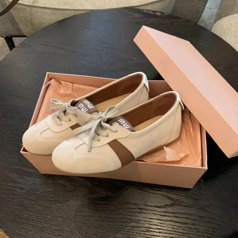 designer shoes new Leather version! miu sweet elevator one-step-on versatile ballet German training shoes for women casual sports shallow-mouth single