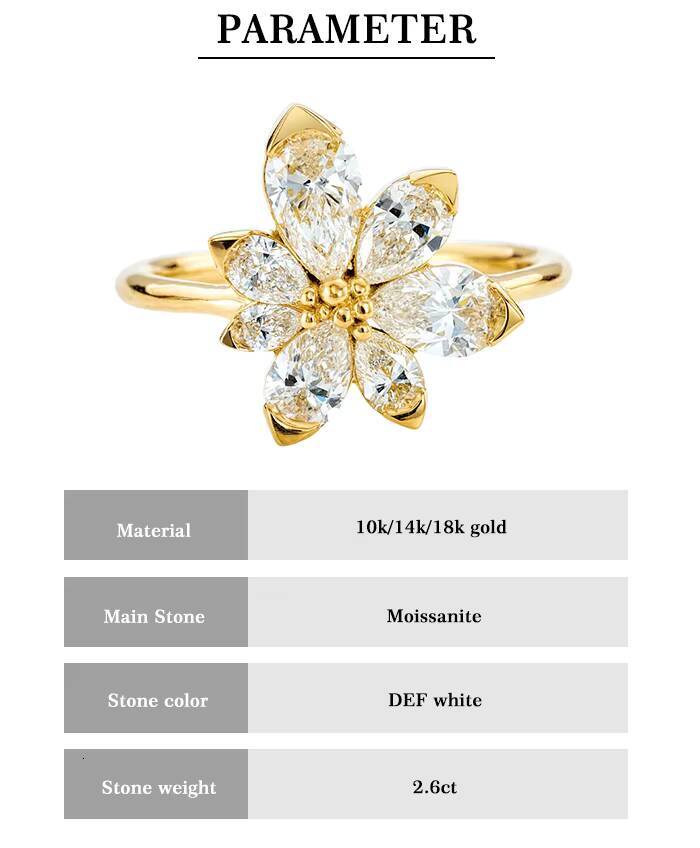 Luster Daisy Fine Jewelry Engagement Asymmetric Blossom 10K 14K 18K Pear Shape Moissanite Flower Gold Ring for Women