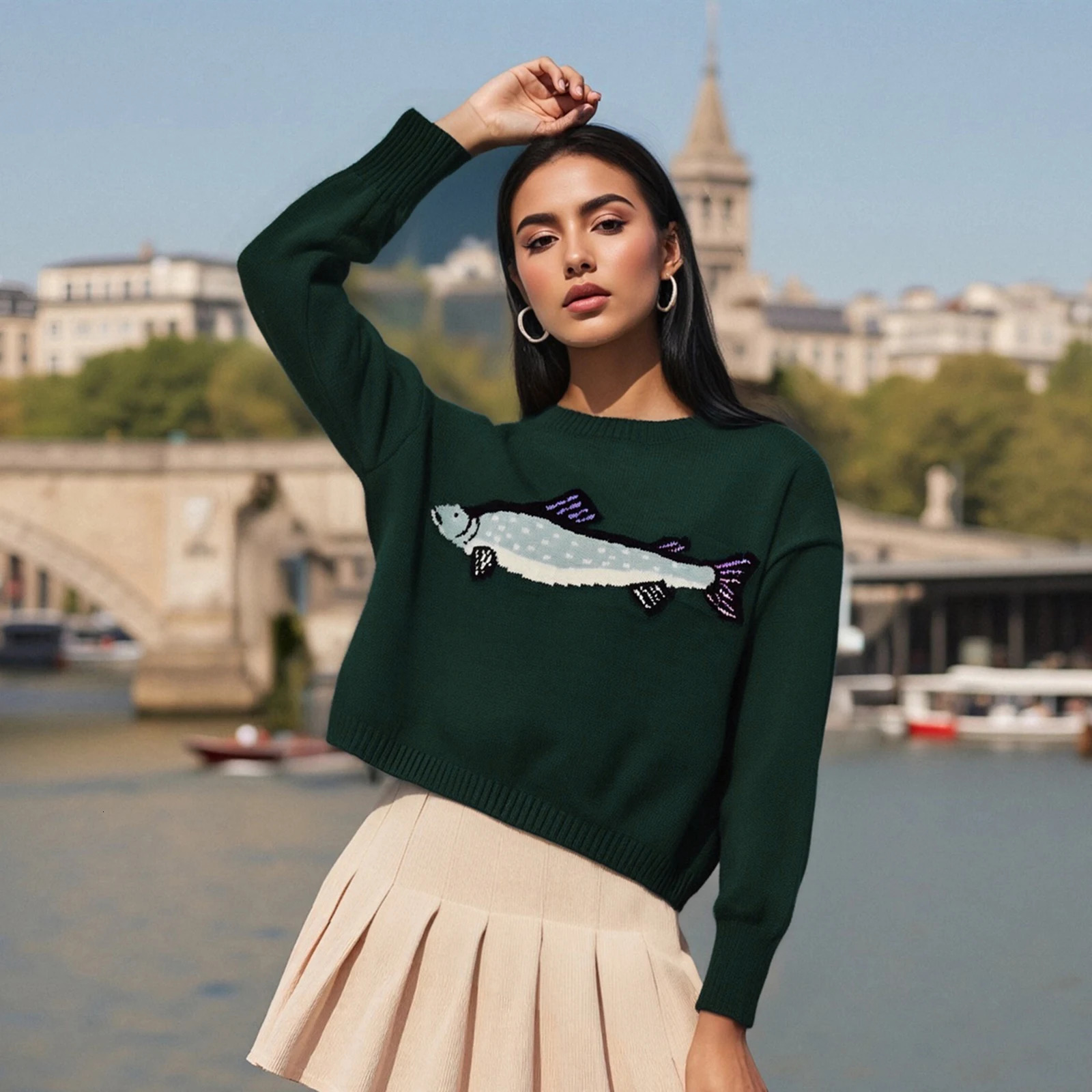 Women Autumn Knitted Fish Print Sweaters Cute Graphic Oversized Knitwear Long Sleeve Pullover Loose Fit Streetwear Y2k Tops 251028
