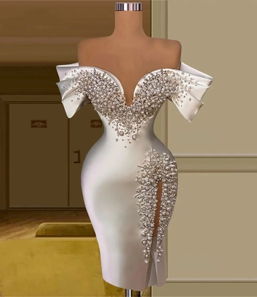 Prom Dresses Off The Shoulder Slit Ladies Dresses For Special Occasion Evening Gowns Knee Length Beaded Pearls